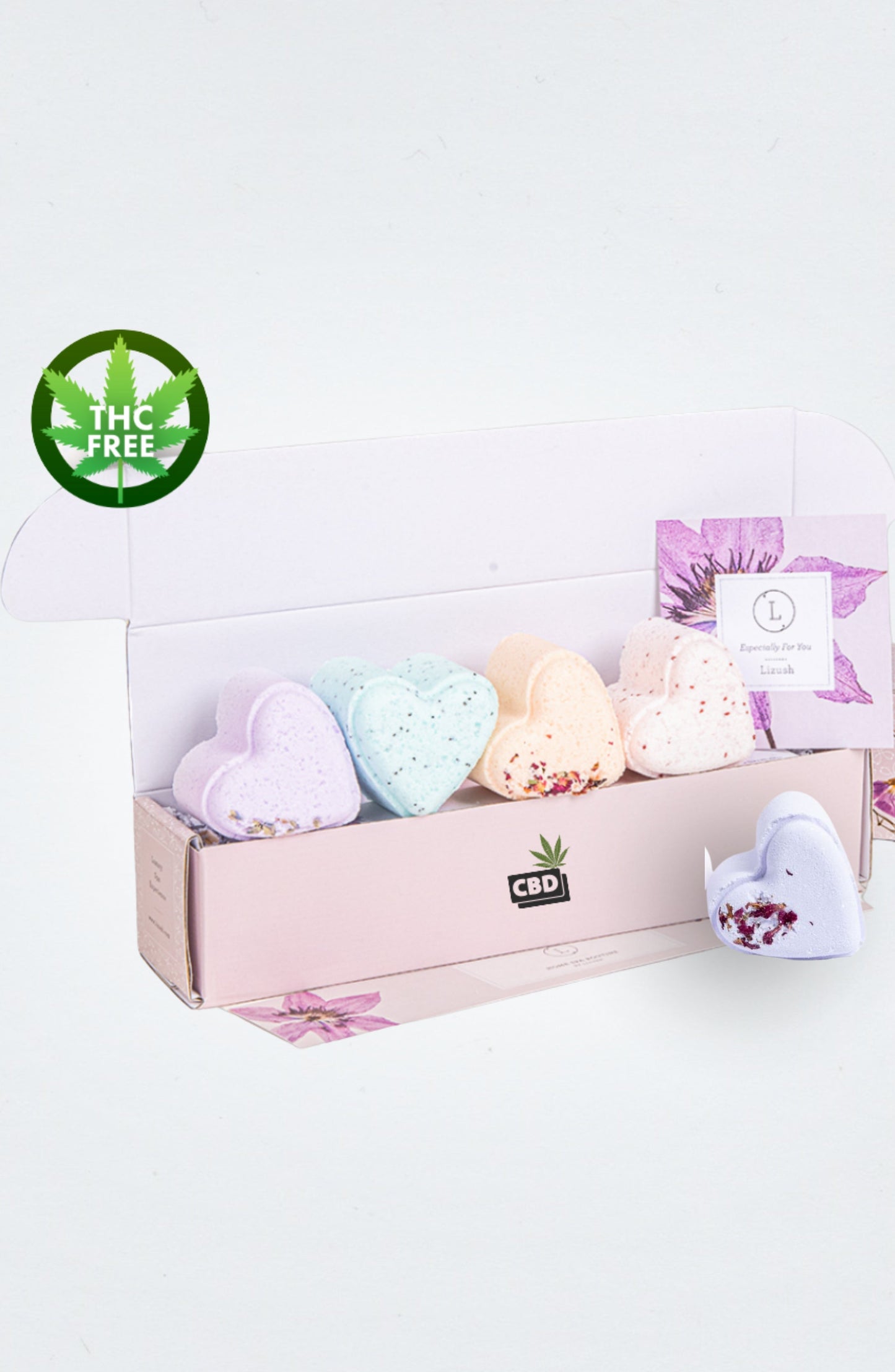 CBD - 5 Hearts Shaped Shower Steamers/ fizzies with CBD - in a Gift Box - Can be personalized. (THC free)-1