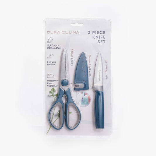 3 Piece Kitchen Knife Set - Paring Knife, Blade Guard with Built in Sharpener, and Multi Purpose Shears-0